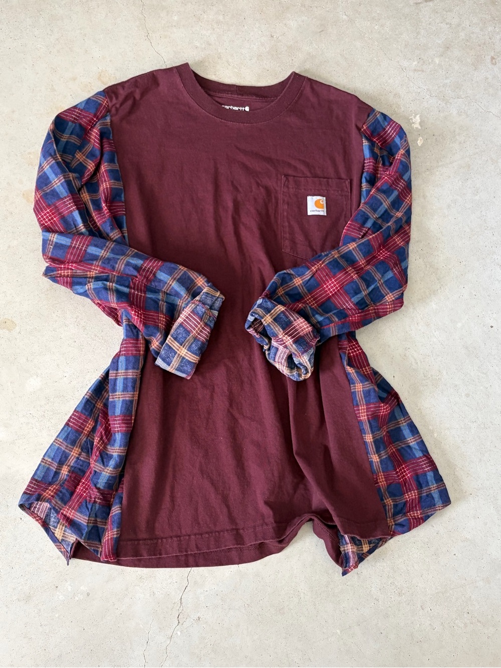 Carhartt Custom Upcycled Reworked Plaid Sleeve Pocket Tee Shirt XL Burgundy